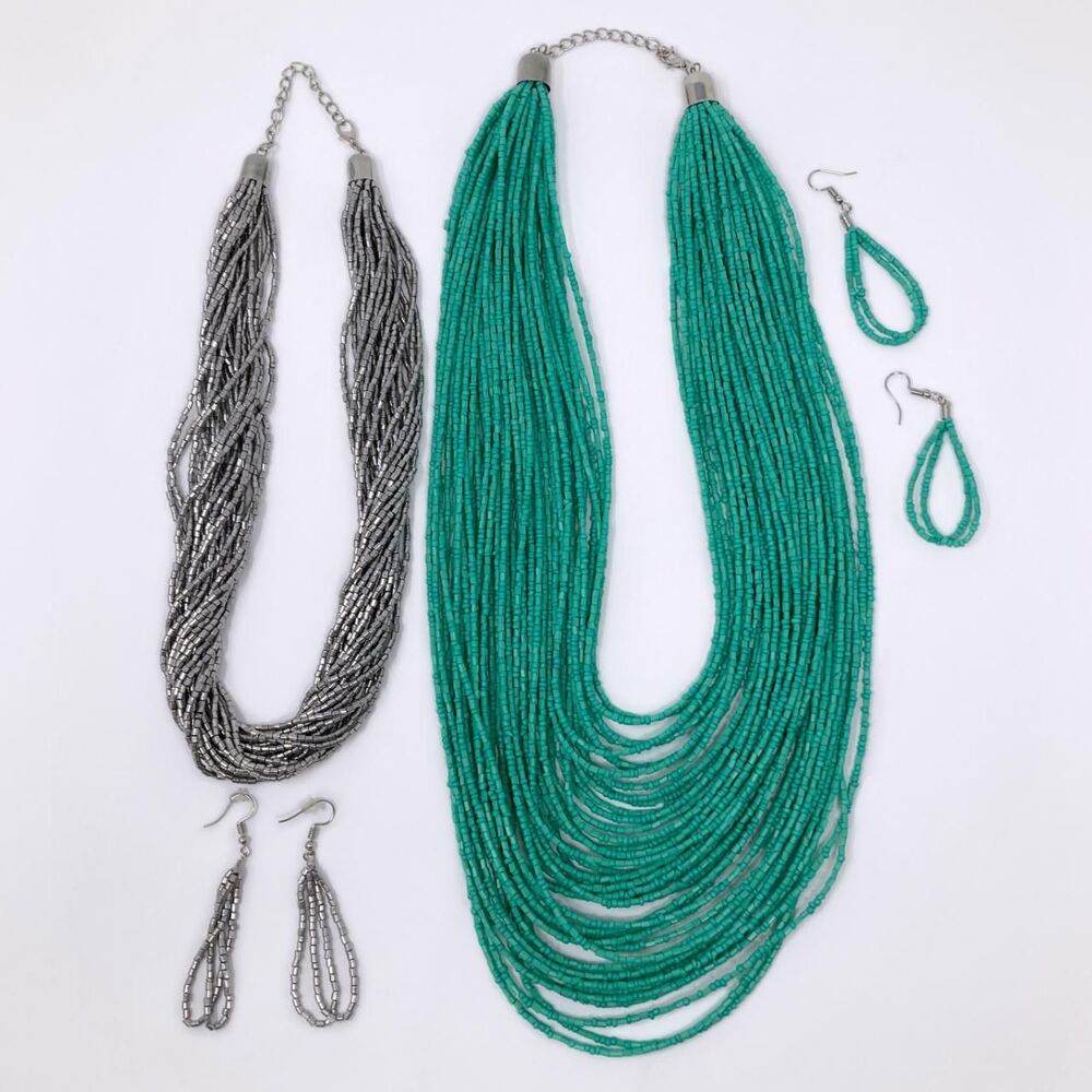 Seed Bead Necklaces Set of Two: Green and Silver